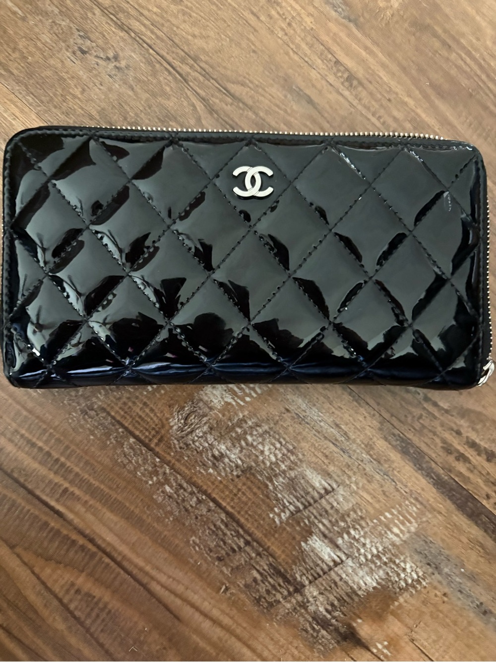 CHANEL Black Patent Quilted Zip Wallet with Silver CC